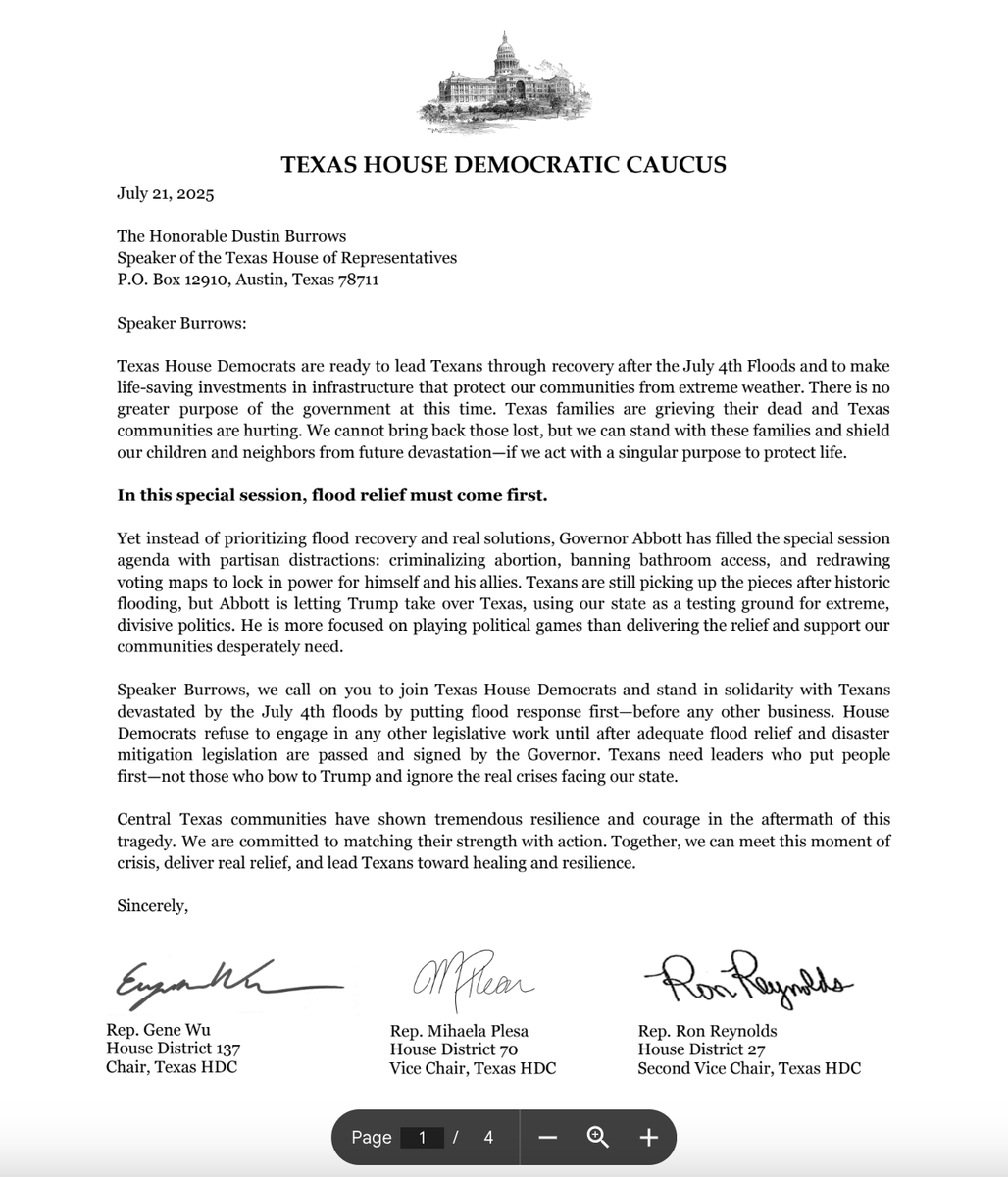 HannahDNorton's tweet image. Earlier today, 48 of 62 Texas House Dems sent a letter to Speaker @Burrows4TX, saying they "refuse to engage in any other legislative work until after adequate flood relief and disaster mitigation legislation are passed and signed by the governor." #txlege