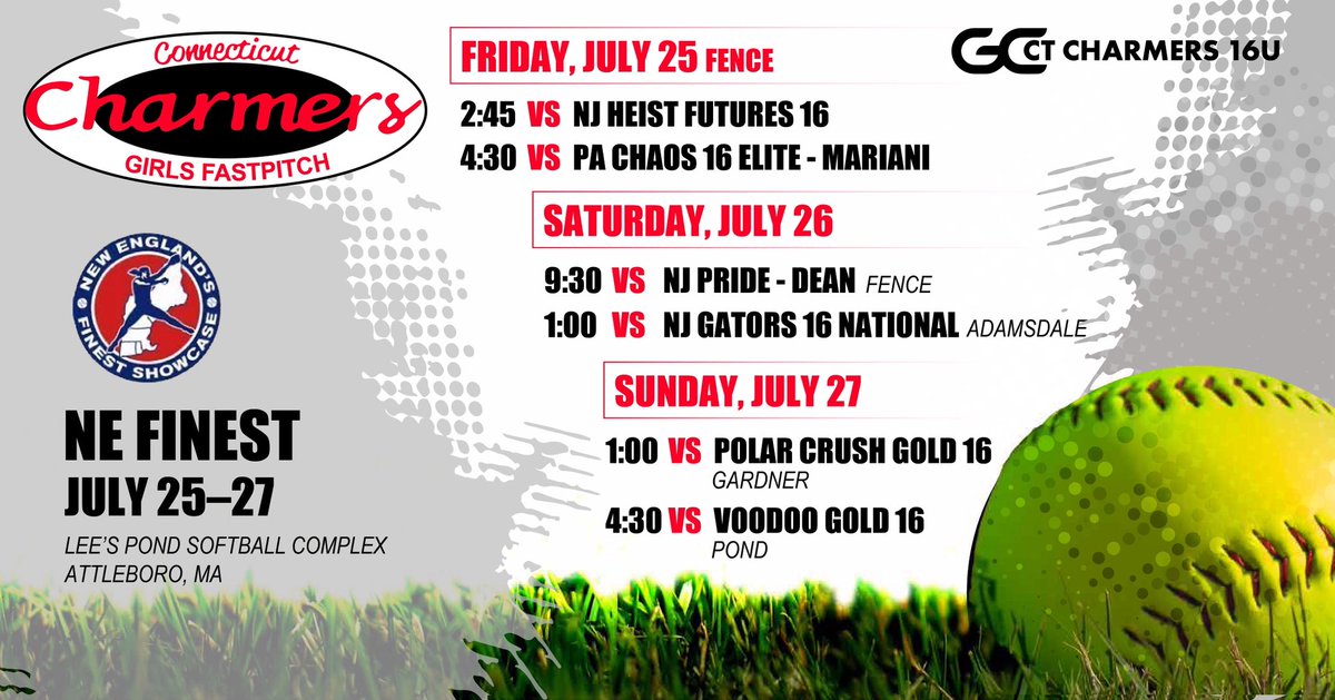 One last showcase for the summer! NE Finest this coming weekend. Can’t wait to play with my team! Come check us out. <a href="/CharmerSoftball/">Connecticut Charmers</a> <a href="/CoachRuss3/">Russ Senerchia</a> <a href="/charmerscoach/">Neil Swanchak</a>
