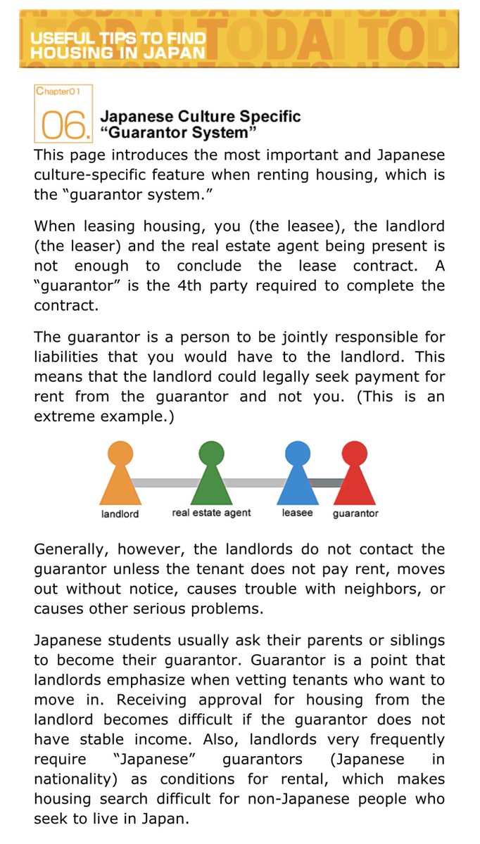 wrathofgnon's tweet image. The Japanese "guarantor system" introduces a fourth party liable for damages and loss of income caused by the tenant when leasing property (like a tenant leasing and apartment or room). From the University of Tokyo website.