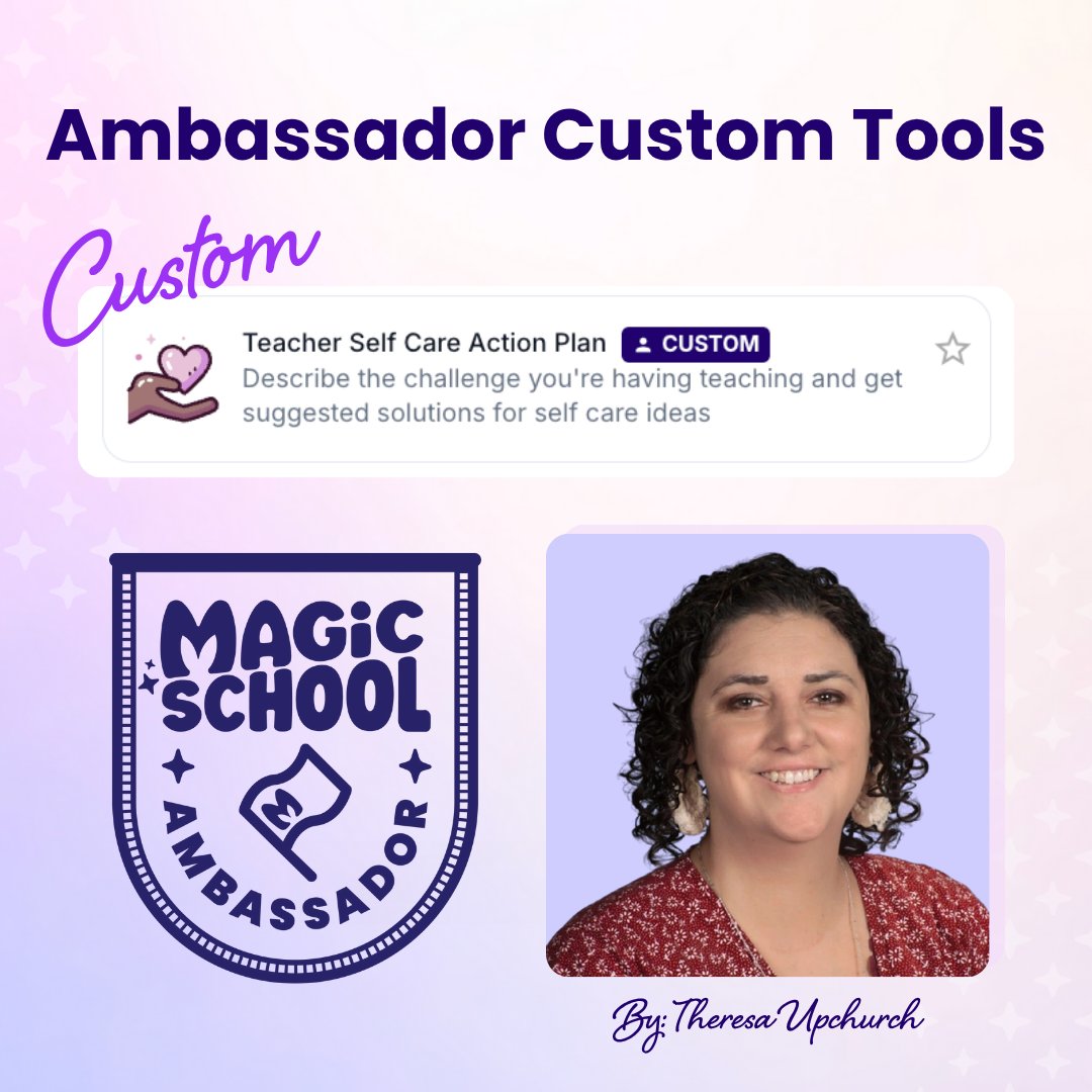 magicschoolai's tweet image. Shoutout to MagicSchool Ambassador @Theresaupchur13 for creating a powerful custom tool designed to support educator well-being:
✨ Teacher Self Care Action Plan
This tool helps teachers describe the challenges they’re facing — and instantly generates realistic self care…