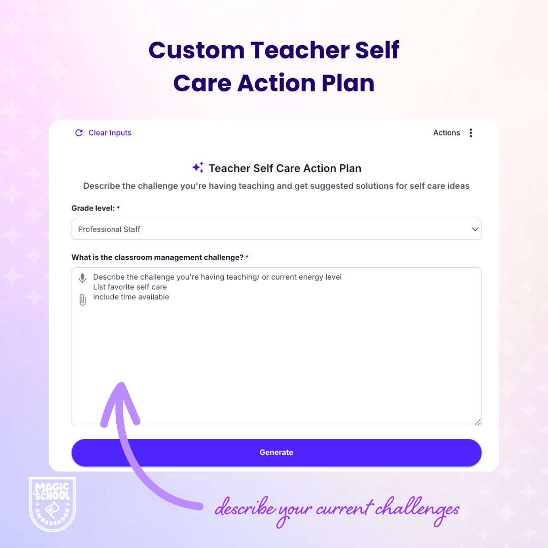 magicschoolai's tweet image. Shoutout to MagicSchool Ambassador @Theresaupchur13 for creating a powerful custom tool designed to support educator well-being:
✨ Teacher Self Care Action Plan
This tool helps teachers describe the challenges they’re facing — and instantly generates realistic self care…