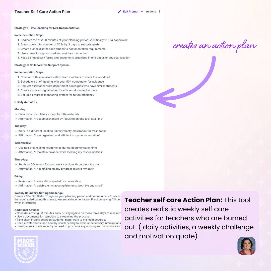 magicschoolai's tweet image. Shoutout to MagicSchool Ambassador @Theresaupchur13 for creating a powerful custom tool designed to support educator well-being:
✨ Teacher Self Care Action Plan
This tool helps teachers describe the challenges they’re facing — and instantly generates realistic self care…