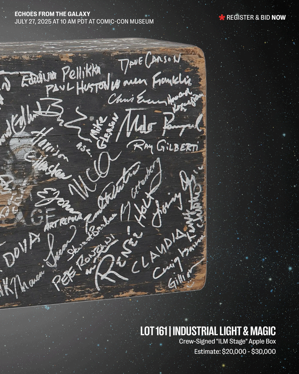 JuliensAuctions's tweet image. This incredible Industrial Light & Magic (ILM) Stage Apple Box, signed by 99 original trilogy crew members and Lucasfilm affiliates, is one of the rarest artifacts up for bid in our @TCM & Julien's "Echoes From The Galaxy" auction on July 27th at 10 AM PDT, online and live from…