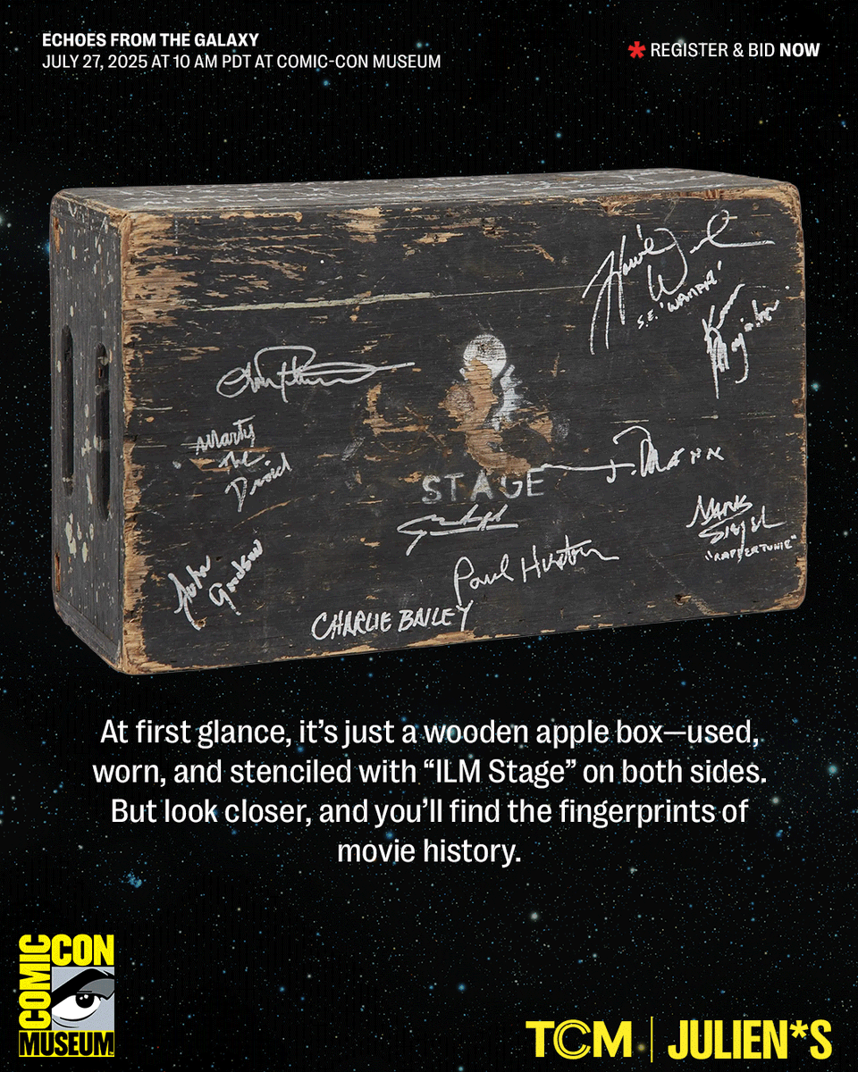 JuliensAuctions's tweet image. This incredible Industrial Light & Magic (ILM) Stage Apple Box, signed by 99 original trilogy crew members and Lucasfilm affiliates, is one of the rarest artifacts up for bid in our @TCM & Julien's "Echoes From The Galaxy" auction on July 27th at 10 AM PDT, online and live from…