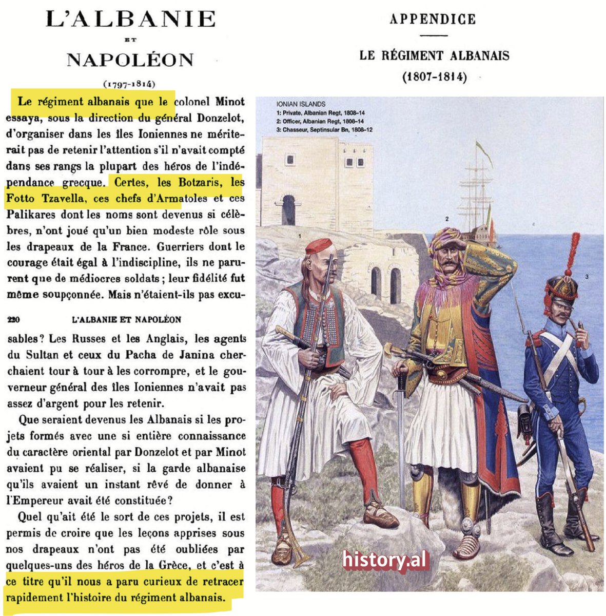 AlbanX's tweet image. The Albanian Regiment (1807-1814), assembled by Colonel Minot under the direction of General Donzelot, would naturally not have been notable had it not included figures like Botzaris and Foto Tzavella, who made Donzelot look very good and deserved attention.
