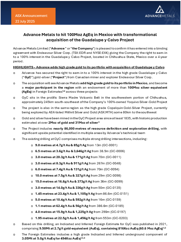 ***Advance Metals to hit 100Moz AgEq in Mexico***
$AVM today announced the transformational acquisition of the Guadalupe y Calvo #Gold-#Silver Project (GyC) from Endeavour Silver Corp, adding high grade gold to its portfolio and making the Company a major participant in the