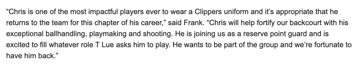 LawMurrayTheNU's tweet image. Statement SZN, Chris Paul edition ✅✅✅
- one of the most impactful players ever to wear a Clipper uniform
- "this chapter of his career"
- fortify backcourt
- exceptional ball handling
- playmaking
- shooting
- "reserve point guard"
- excited to fill whatever role T Lue asks