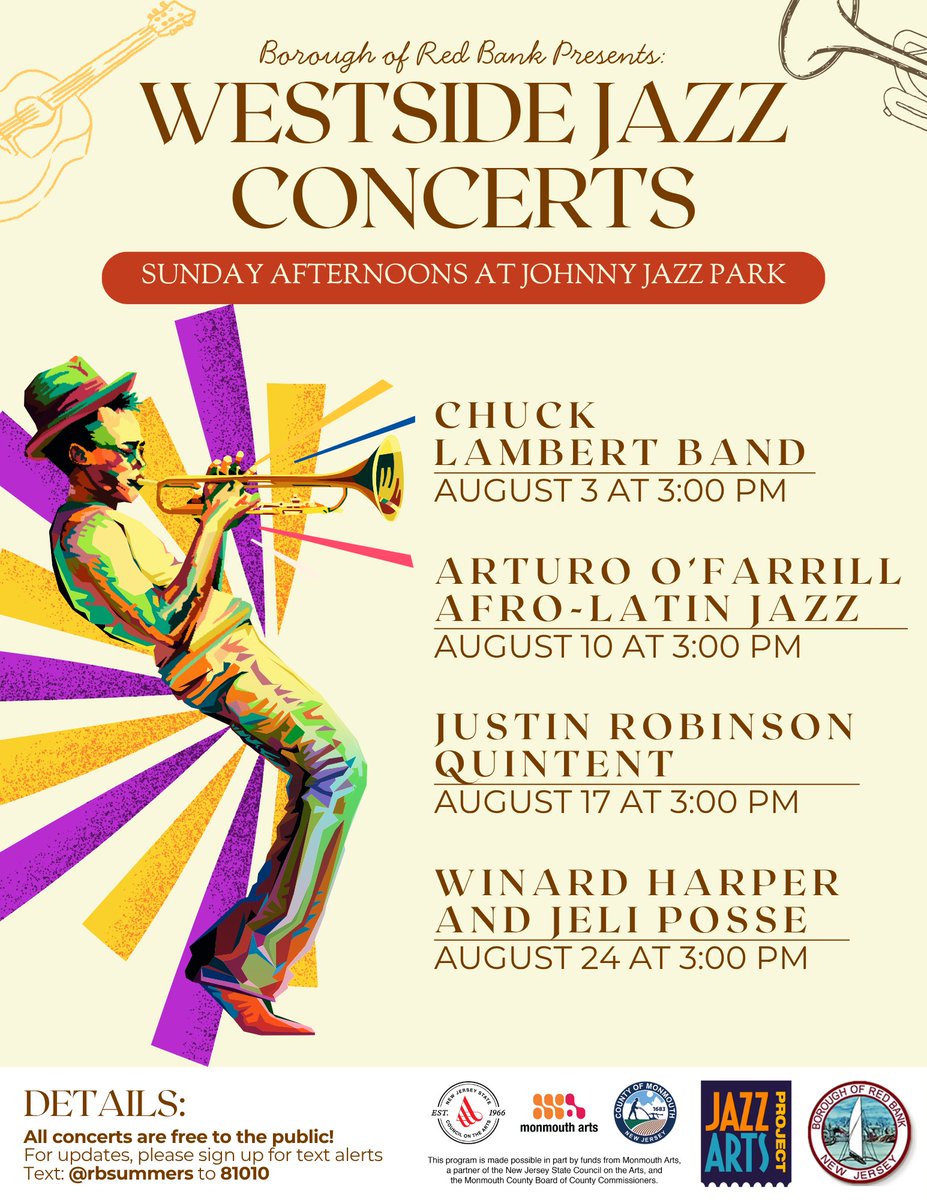 🎷 Westside Jazz Concerts are back!
Enjoy live jazz on Sunday afternoons in August at Johnny Jazz Park, on the corner of Drs. James Parker Blvd. and Shrewsbury Avenue.
Enjoy live music and good vibes — all concerts are free and open to the public!
