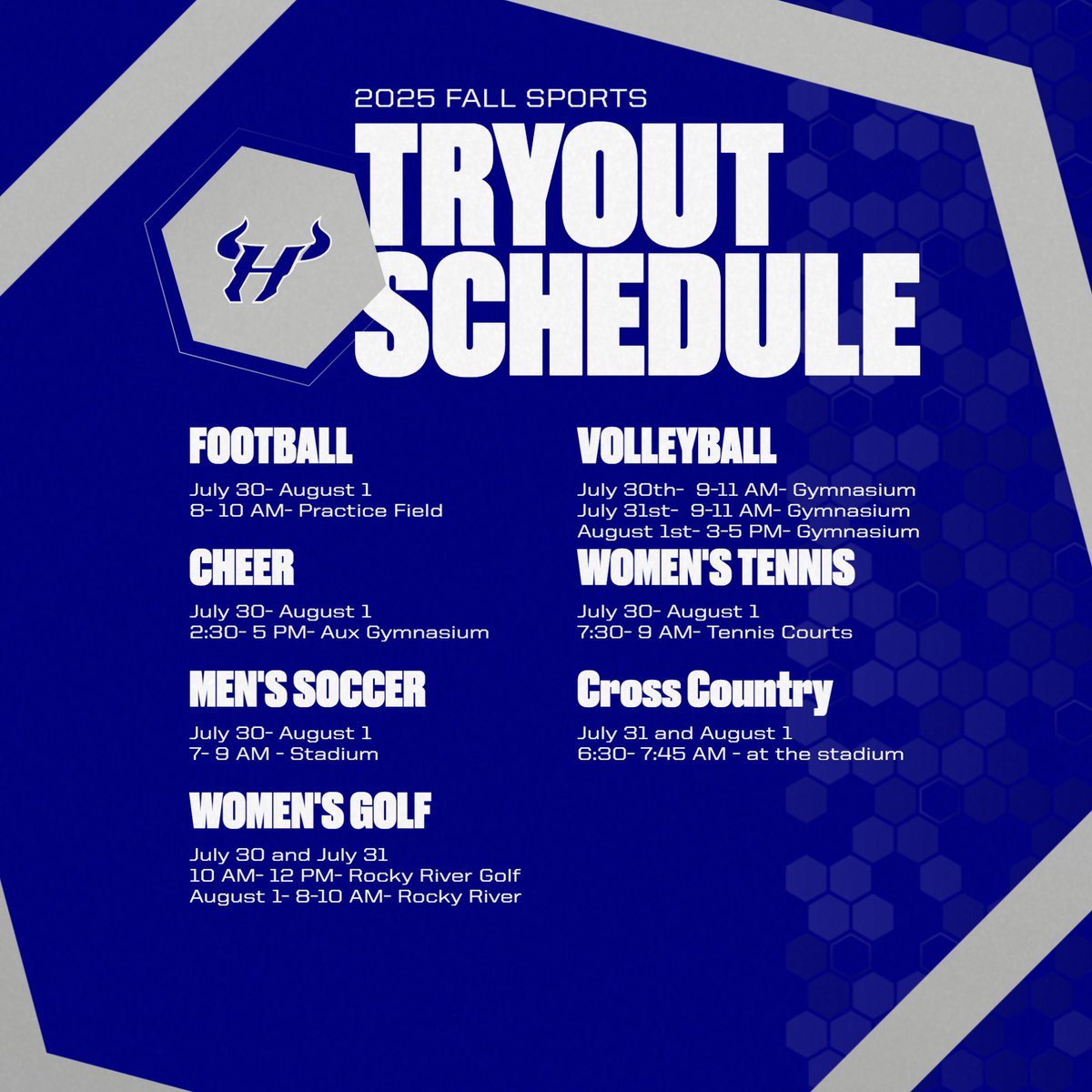 We are 1 Week  away from our mandatory Fall sports parent meeting.   Please make plans to attend.  Tryouts for all fall sports start on July 30th.  Check the website for times and locations.  Make sure Dragonfly is completed with a current physical before tryouts.  @hrhsboosters