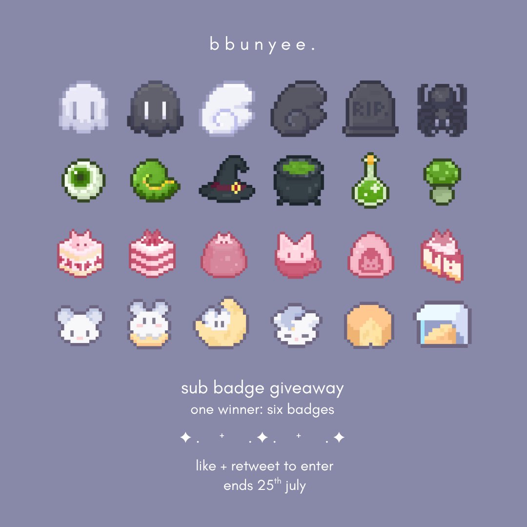 bbunyee's tweet image. sub badge raffle to celebrate my birthday ♡(˃͈ ˂͈ ) ! !
to enter
╰﹒𖹭 like + retweet
╰﹒𖹭 follow
› one winner will receive six custom badges ( or channel point badges if they prefer ! )
🗓️ ends 25th july