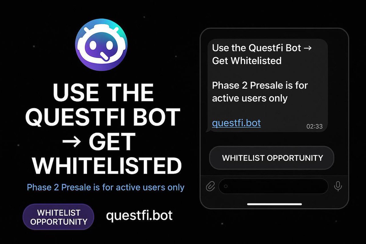 Another hyped presale alert 🚨 

QUESTFI PRESALE INCOMING 

<a href="/questfi_bot/">QuestFi</a> is a Web3 bot that automates engagement, uncovers opportunities, and connects users across blockchains for seamless crypto experiences.

Presale will be in phases  

🥇 Presale Phase 1 (Early Access) is not