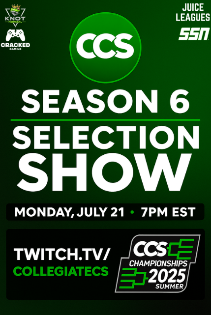 WE ARE LIVE WITH THE CCS SEASON 6 SELECTION SHOW! COME FIND OUT WHO'S IN AND WHO WAS LEFT OUT OF THE CCS CHAMPIONSHIPS!

⏰7pm EST
🎙️ <a href="/NationRL_/">Logan Lewis</a> 
🎙️ <a href="/somberttv/">Somber</a> 
🔗twitch.tv/collegiatecs