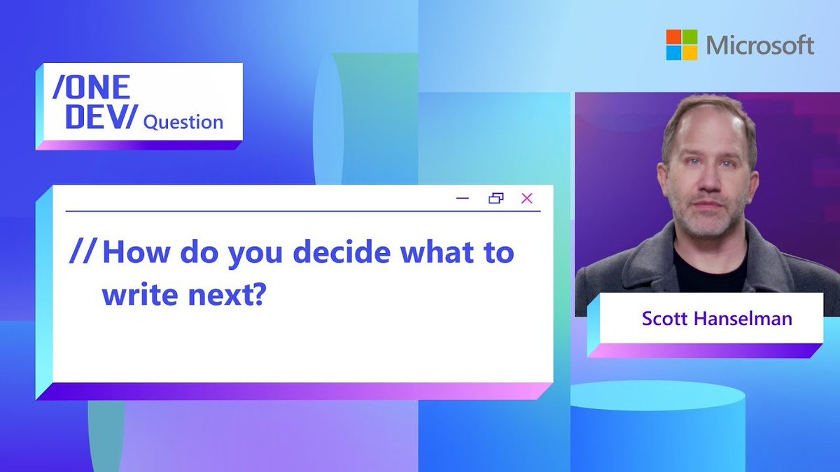 dotnet's tweet image. How does @SHanselman decide what to write next? Whether it’s a blog post or a .NET program, it’s all about solving real problems.
In this #OneDevQuestion, he shares why practicality and everyday life inspire his (cont) msft.it/l/6015sDaLZ