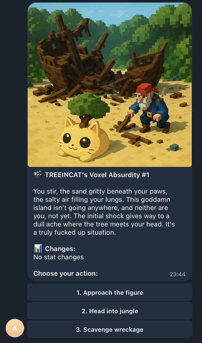aiga_io's tweet image. Our Telegram option will allow AI story games to be played in Telegram communities through public vote.
Head over to @TreeStuckInCat for exclusive preview of TG integration coming soon!