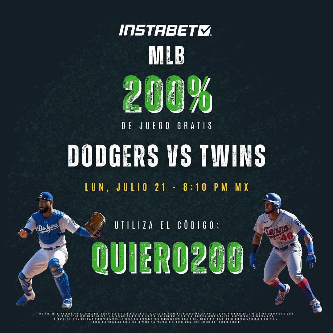¡Lunes de MLB! ⚾️🔥

Los Dodgers enfrenta a los Twins en una batalla que sacará chispas. 💥

Vive toda la emoción en Instabet Mx. Regístrate hoy y aprovecha bonos exclusivos para jugar como un verdadero fan. 🤑

#mlb #monday #gamenight #baseball #beisbol #instabetmx #sportbetting