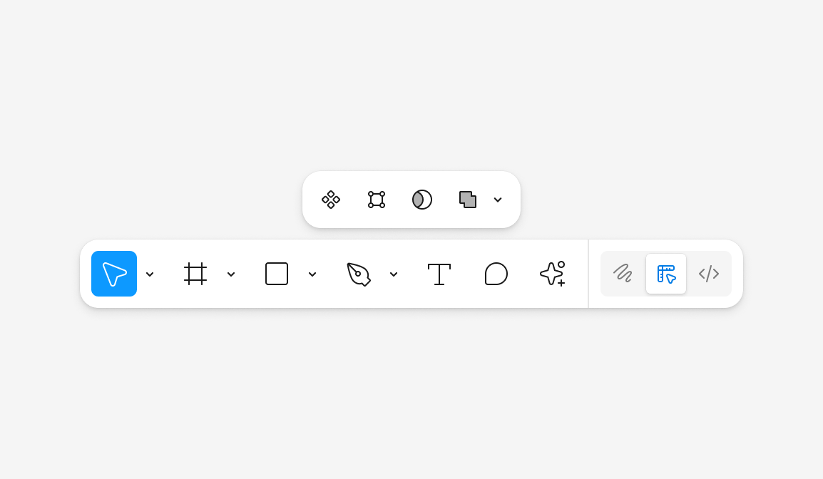 rogie's tweet image. In Figma draw, we've have a little sub toolbar with actions based on your selection vs. in the upper right properties panel in Figma design.
I'm curious, would you want us to do this for Figma design?