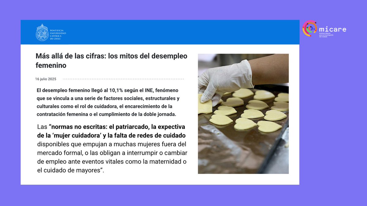 El desempleo femenino llegó al 10,1% según <a href="/INE_Chile/">INE Chile</a>. Alejandra Inostroza, analiza los factores que profundizan esta situación, incluyendo la falta de corresponsabilidad en los roles de cuidado | vía <a href="/ucatolica/">Universidad Católica</a> 

🔗 bit.ly/4lxcm06