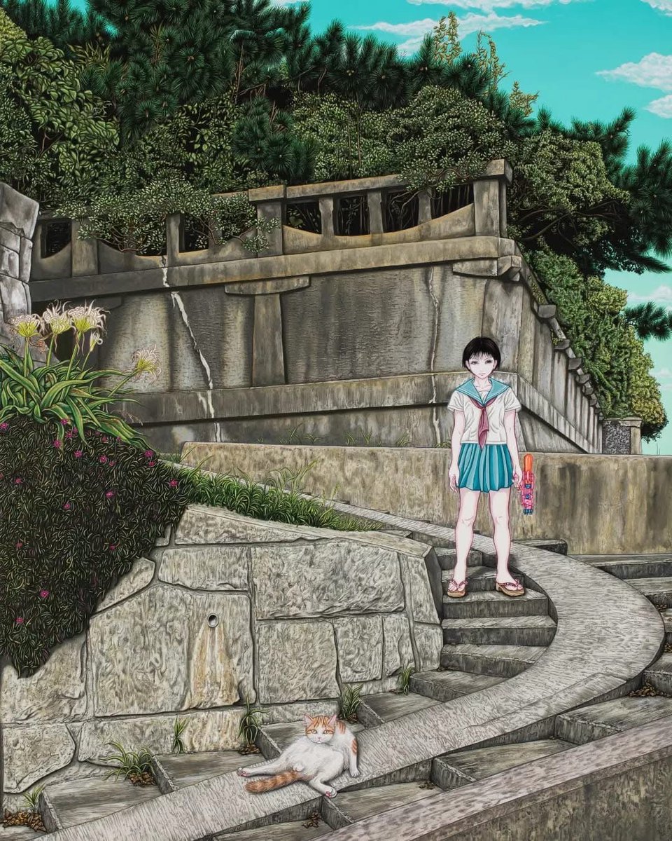 yujimoriguchi's tweet image. 滅びゆく人が造った遺跡と、
ひと夏の生命力と、
そして猫...。
海街 ~ Seaside town ~
670mm×470mm
acrylic gouache, gesso base, panel canvas.
2018
#YujiMoriguchi