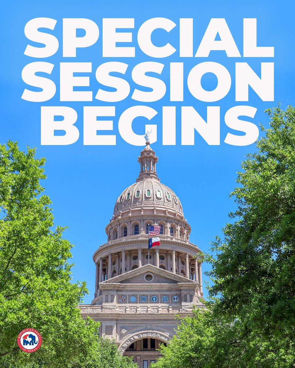 TexasGOP's tweet image. The first day of the special session has arrived. We are grateful to Governor @GregAbbott_TX for putting more Republican Party Priorities on the call for legislators to pass. Lawmakers have the opportunity to advance more conservative legislation for Texans!
