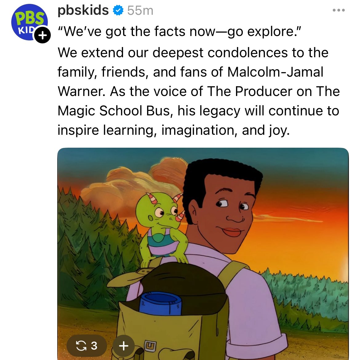 brooklynrwhite's tweet image. PBS Kids pays tribute to Malcolm-Jamal Warner:
“As the voice of The Producer on The Magic School Bus, his legacy will continue to inspire learning, imagination, and joy.”