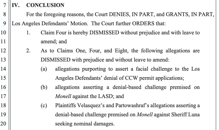 gunpolicy's tweet image. A California federal judge mostly denied the LA County's Sheriff's motion to dismiss a lawsuit challenging excessive CCW wait times, finding (among other things) that the association plaintiffs have standing and that the claims of plaintiffs who since received CCWs are not moot…