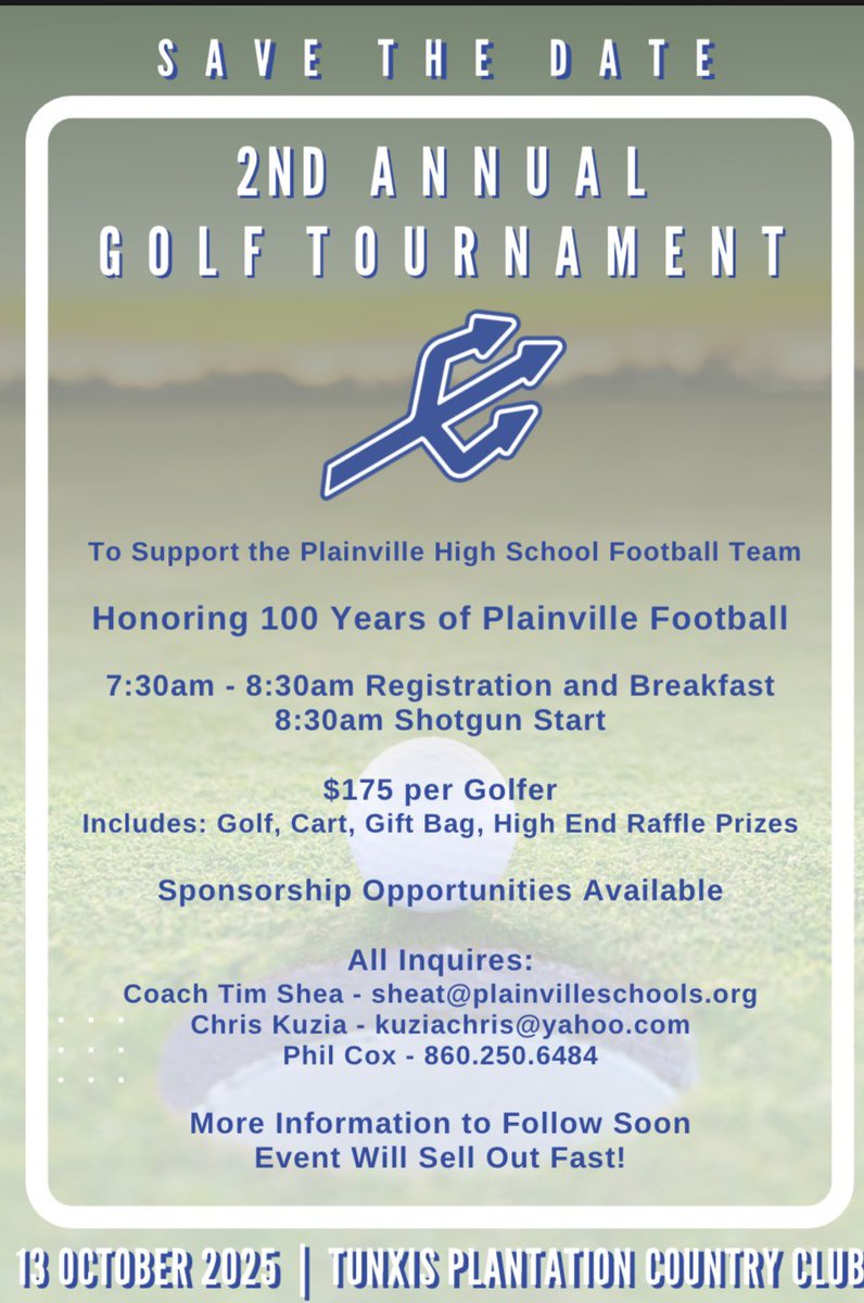 Tim Shea (@coachtshea) on Twitter photo Save The Date. 2nd Annual Golf Tournament to celebrate 100yrs of <a href="/PLVBlueDevilFB/">Blue Devil FB</a>. Monday Oct. 13th at Tunxis CC. Info to follow. #FearTheFork #BELIEVEorLEAVE #cthsfb Save The Date. 2nd Annual Golf Tournament to celebrate 100yrs of <a href="/PLVBlueDevilFB/">Blue Devil FB</a>. Monday Oct. 13th at Tunxis CC. Info to follow. #FearTheFork #BELIEVEorLEAVE #cthsfb