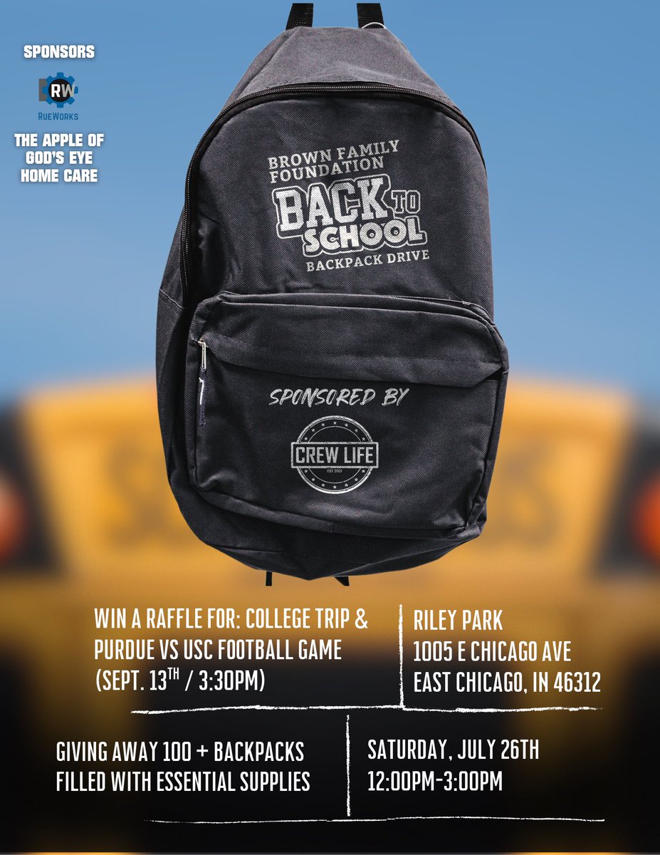 RaphealDavis3's tweet image. CREW Life’s Annual Backpack & School Supplies Giveaway!
We're giving away 150 backpacks filled with essential school supplies 🎒‼️
🗓️ Saturday, July 26th
⏰12:00pm - 3:00pm
📍RIley Park, 1005 E Chicago Ave, East Chicago, IN
#CrewLife