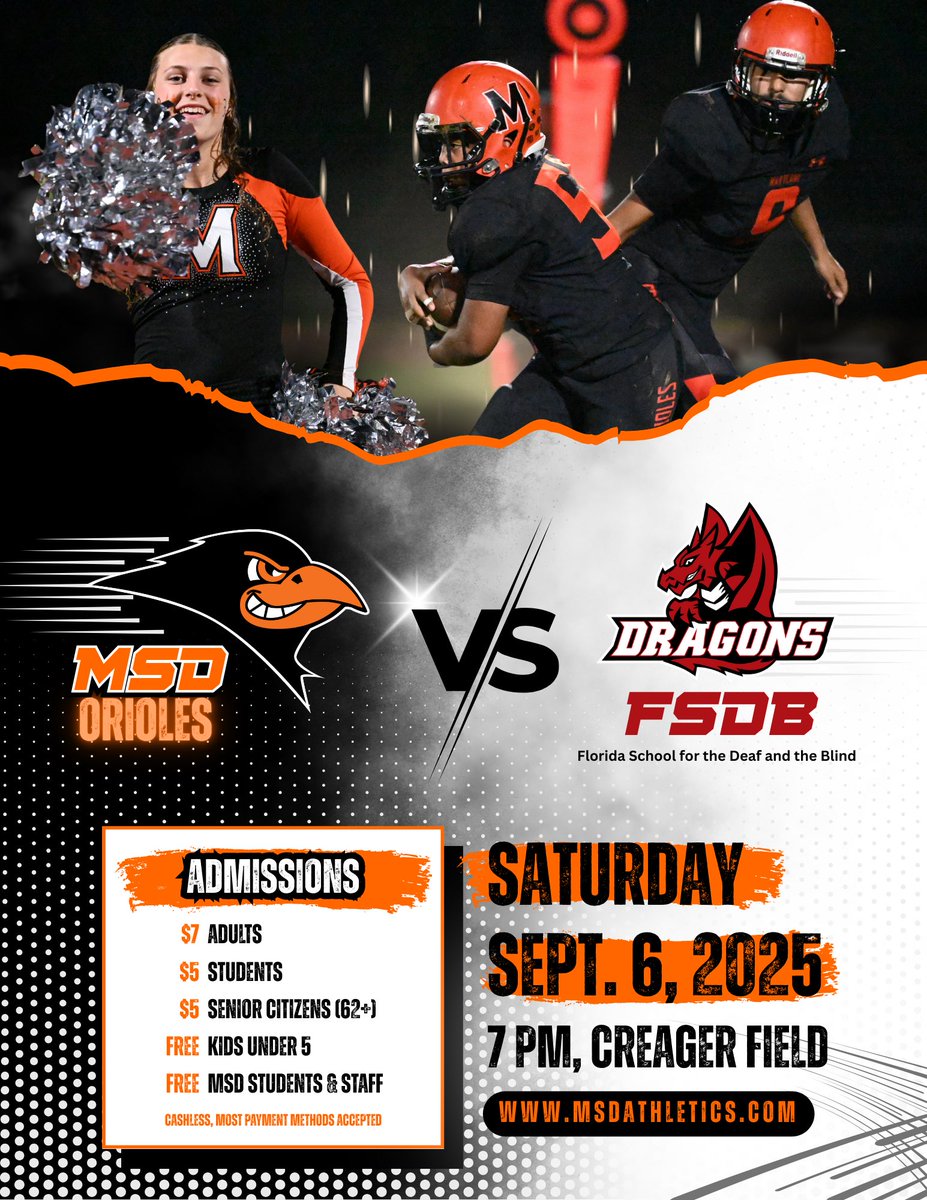 We’re looking forward to hosting the Florida School for the Deaf and the Blind for a non-conference varsity matchup at MSD!

Join us on Saturday, September 6 at 7 PM at Creager Field as our varsity football team and cheerleaders take on the FSDB Dragons under the lights.
