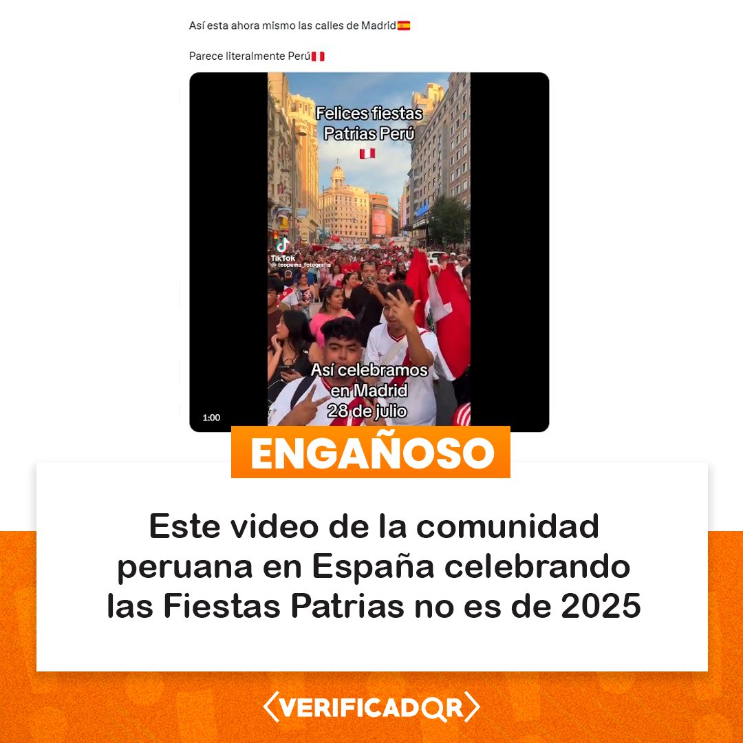 🔍 A pocos días de un nuevo aniversario de la patria, se hizo viral un video de una supuesta celebración reciente de la comunidad peruana en España en torno a esta fecha festiva. Sin embargo, corresponde a las Fiestas Patrias de 2024.

👉 Nota completa: bit.ly/3IV3P8I