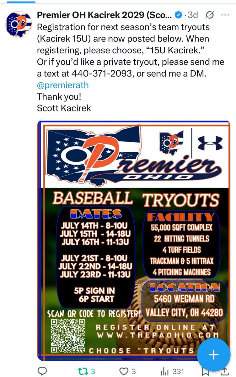 Our last tryout will be held at Premier tomorrow, the 22nd, for the Premier 15U Kacirek team. 

Looking for class of 2029 and/or 2030’s. Registration information is listed below. 

Looking for athletes…a very good pitcher and/or a strong bat to an excellent roster. <a href="/premierath/">Premier Ohio Baseball</a>