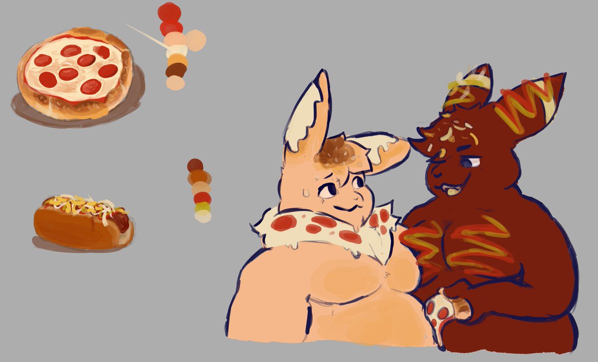 MCinkopeso's tweet image. poke-foodsona :3
a silly pizza eevee and a hotdog umbreon x3
#fatfur #fatfurry #belly