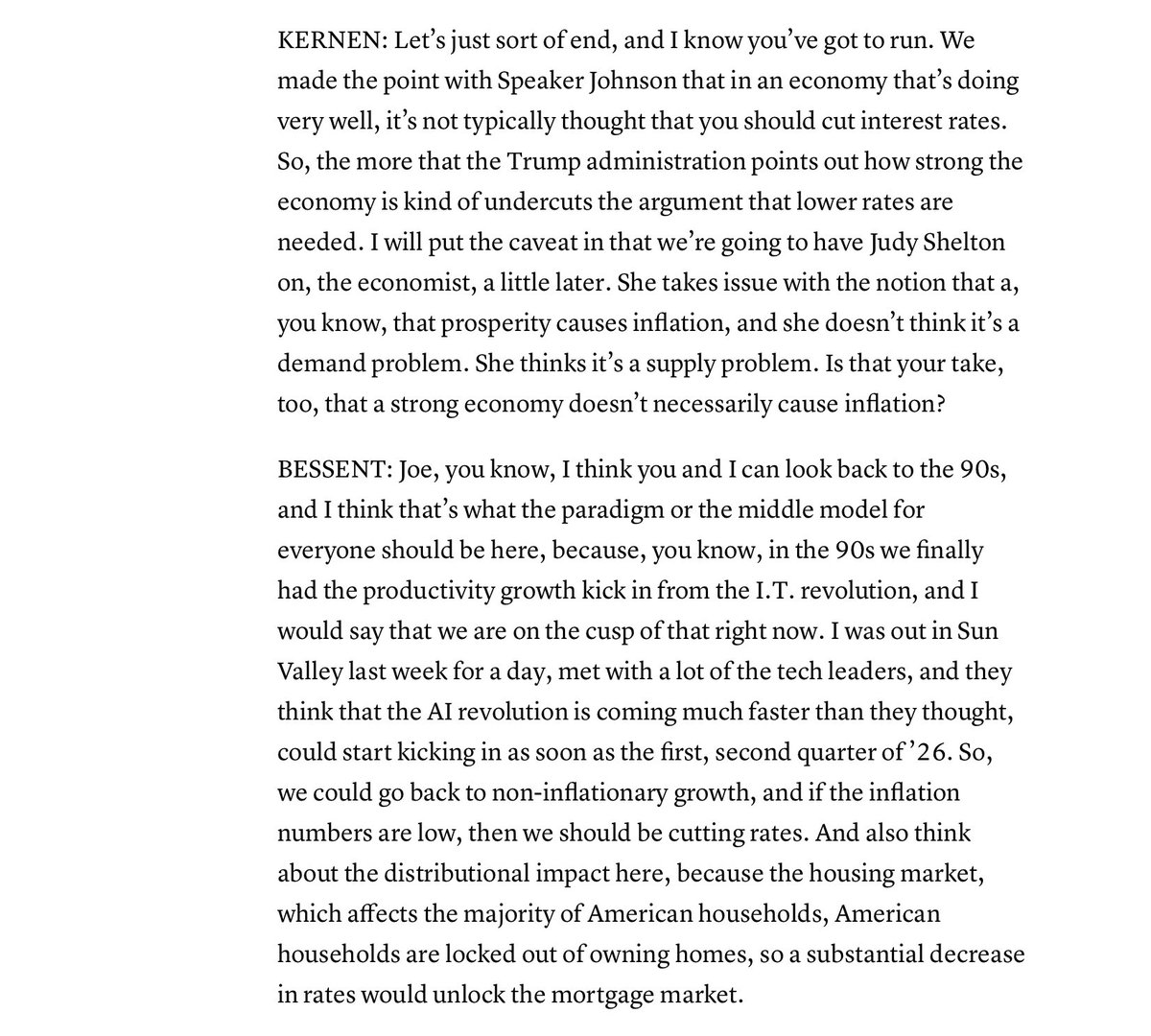 judyshel's tweet image. This comes from transcript of interview this morning on @SquawkCNBC with @SecScottBessent: