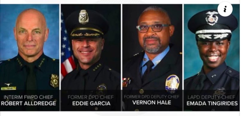 scoopjefferson's tweet image. BREAKING: Fort Worth City Mgr Jay Chapa learned today Emada Tingirides with Los Angeles PD withdrew her application for Fort Worth PD Chief leaving 3 finalists: Interim Chief Robert Alldredge, Jr., Chief Eddie Garcia & Chief Vernon Hale. @wfaa @fortworthpd @ABC @CityofFortWorth