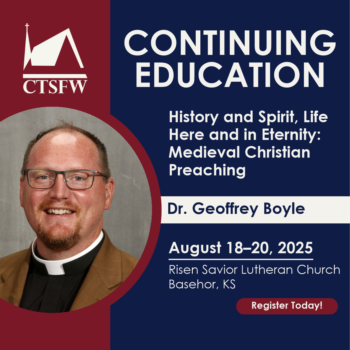 CTSFWedu's tweet image. Join us August 18–20, 2025, in Kansas as Dr. Geoffrey R. Boyle teaches on the topic of "History of Interpretation through Hugh of St. Victor." To learn more about this opportunity and others like it, visit ctsfw.edu/CE/Basehor-Kan…