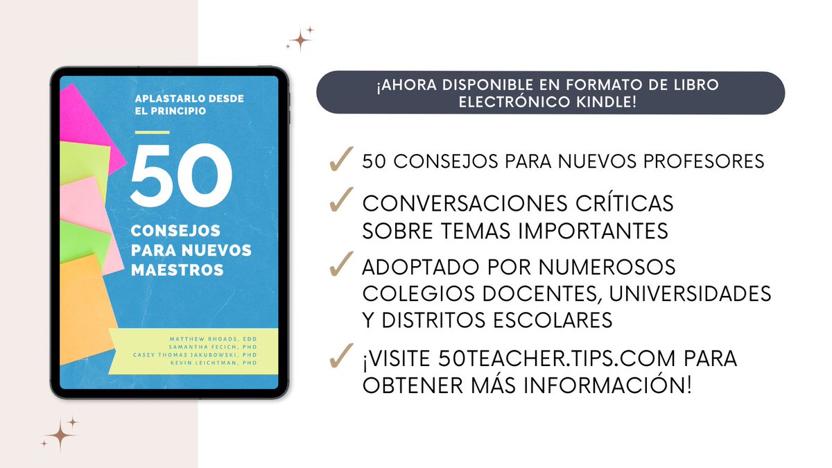 ¡Estamos encantados de compartir el libro #50TeacherTips ya está disponible en formato de libro electrónico Kindle!

a.co/d/gf7stxA 

<a href="/MattRhoads1990/">Dr. Matt Rhoads</a> @SFecich <a href="/CaseyJ_edu/">Casey Jakubowski, PhD</a> <a href="/KevinLeichtman/">Kevin Leichtman, Ph.D.</a>