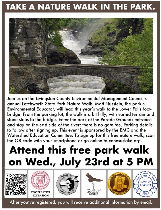 Sign-up today for a free nature walk tour through Letchworth State Park, sponsored by the Livingston County EMC and the Watershed Education Center, July 23, 2025, at 5 p.m. 

Sign-up link ➡️ buff.ly/UIFFhNK
