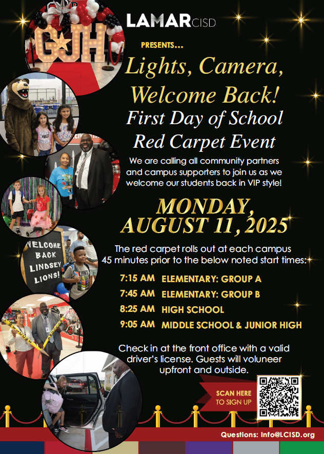 LamarCISD's tweet image. ✨ Lights, Camera, Welcome Back ✨
Calling all community partners to help welcome back our students in true VIP fashion on Monday, August 11. Let’s make this a red-carpet moment to remember!✏️
Register:
🔗bit.ly/LamarCISDBlock…
#WeAreLamarCISD #RedCarpetWelcome