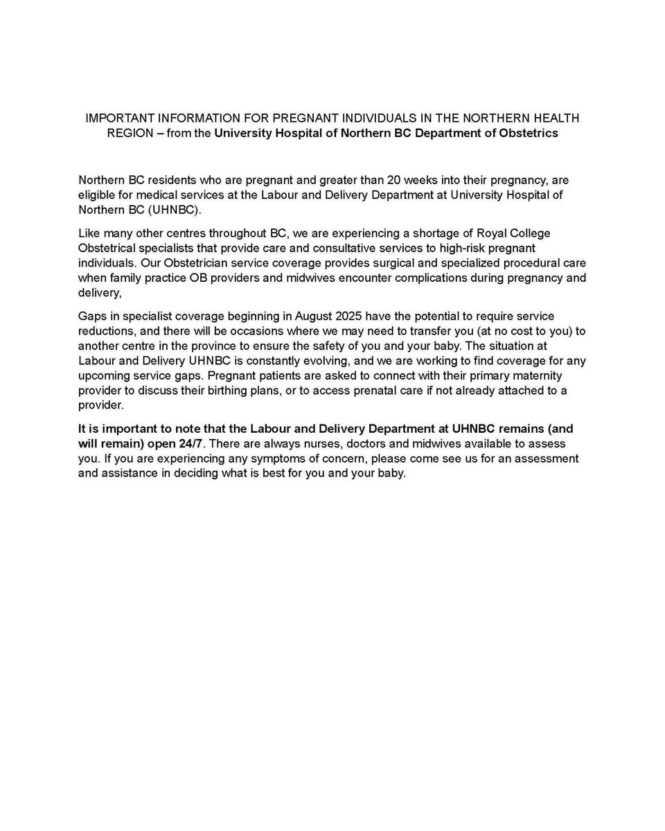 ClaireRattee's tweet image. Starting August 2025, UHNBC may transfer pregnant women out of our region due to a shortage of obstetrical specialists. While the mother’s travel costs may be covered, spouses, children, and support people are not—leaving families to shoulder the financial burden.
Once again,…