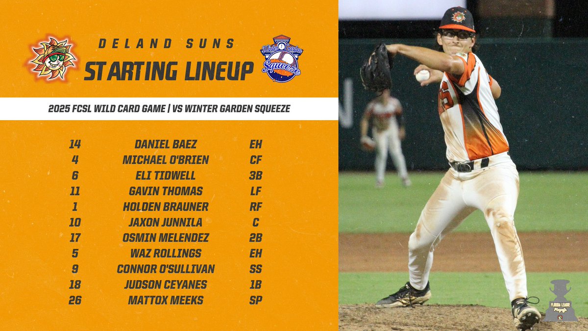 DeLandSuns's tweet image. There's NOTHING like playoff baseball!
Here's head coach Cameron Jergens' lineup for the 2025 FCSL Wild Card Game!