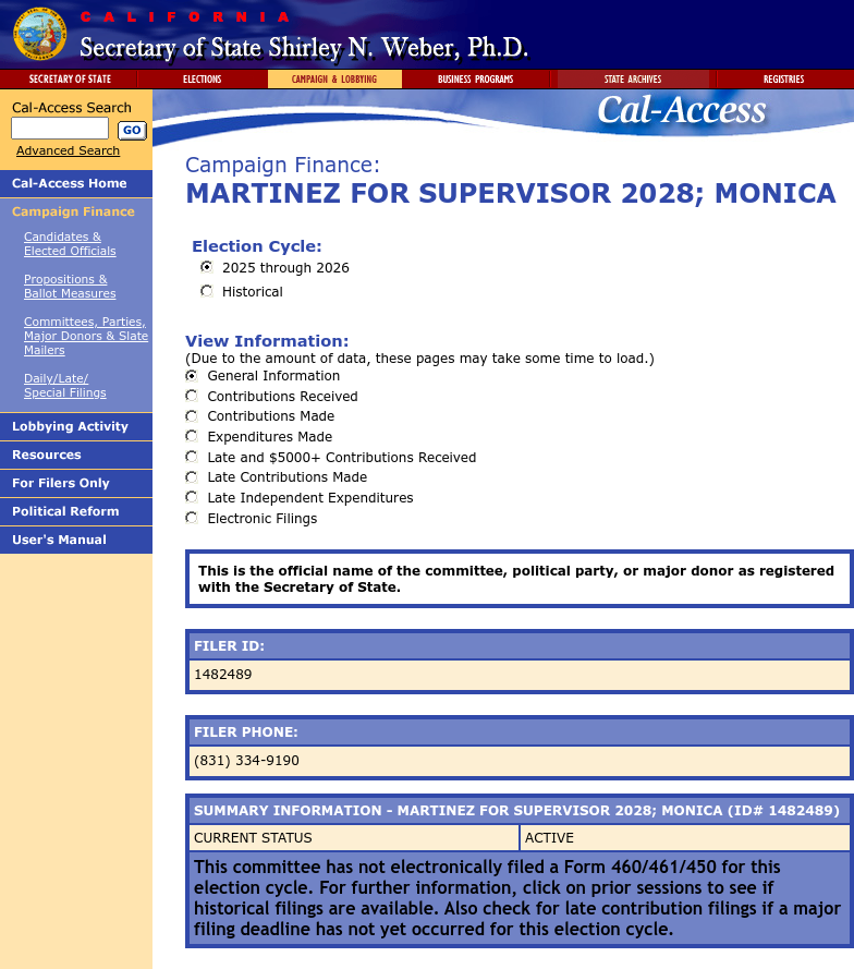 CATargetBot0001's tweet image. NEW CAL-ACCESS 2028 BOARD OF SUPERVISORS FILING
MARTINEZ FOR SUPERVISOR 2028; MONICA
cal-access.sos.ca.gov/Campaign/Commi…