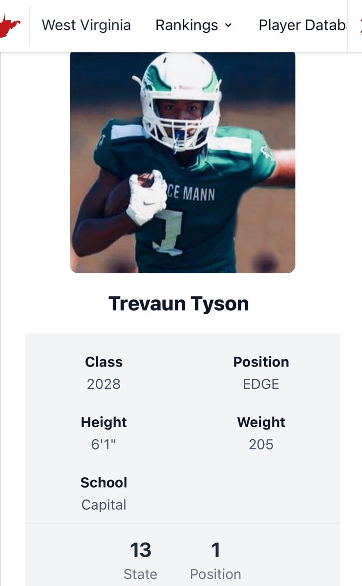 Trevaun_tyson5's tweet image. Blessed to be ranked #13 in wv and the #1 DE 
@CoachTee34 
@coachtesch 
@CoachLawrenceMC 
@CoachChuck90 
@_CoachAug 
@coachmacarney 
@BillTeerlinck 
@PrepRedzoneWV 
@304TuranRush 
@RecruitCapital 
@ALNK_pacman