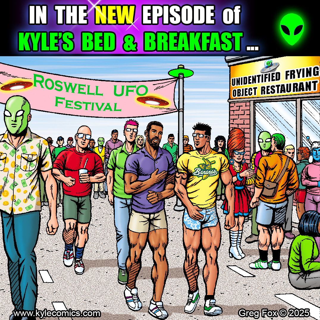 🛸Darren &amp; Eduardo have an out-of-this-world time at the Roswell UFO Festival! Join the fun in today's new episode of Kyle's B&amp;B!!!👽 kylecomics.com 👽 #kylesbnb #webcomic #webtoon #gaycomics #lgbtqcomics #bara #webcomics #indiecomics  #roswell #UFOs #RoswellUFOFestival