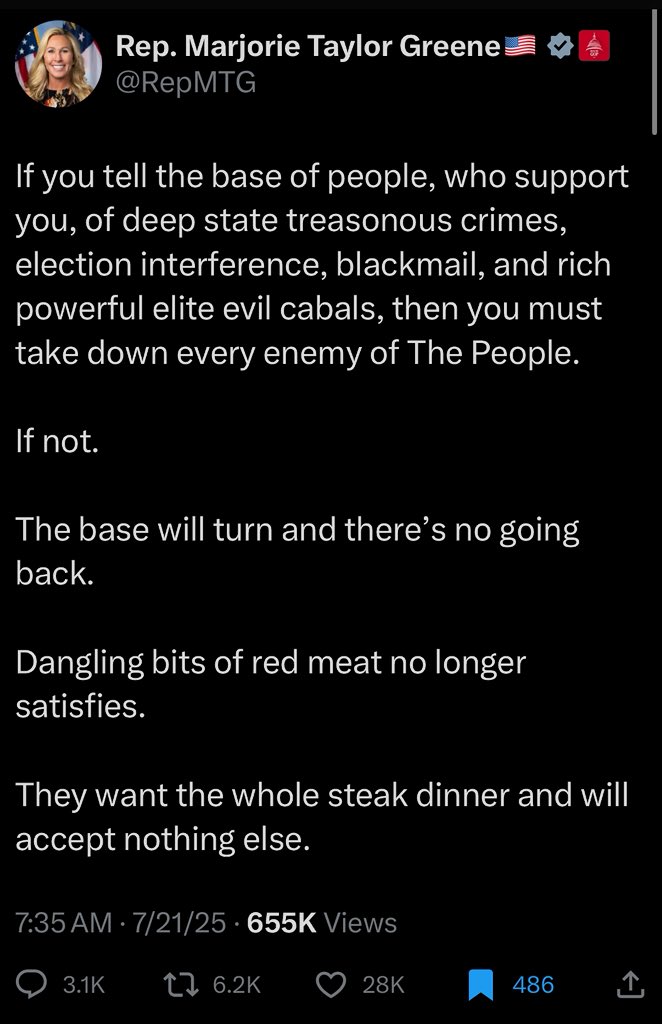 BiggerTruth's tweet image. The deep state insurgents within MAGA are in overdrive today.
The most shocking to me is MTG, demanding Trump become a Stalinist/Maoist judge, jury and executioner, putting every last “enemy” in prison, otherwise Trump’s base will turn against him.
Claiming, like any good…