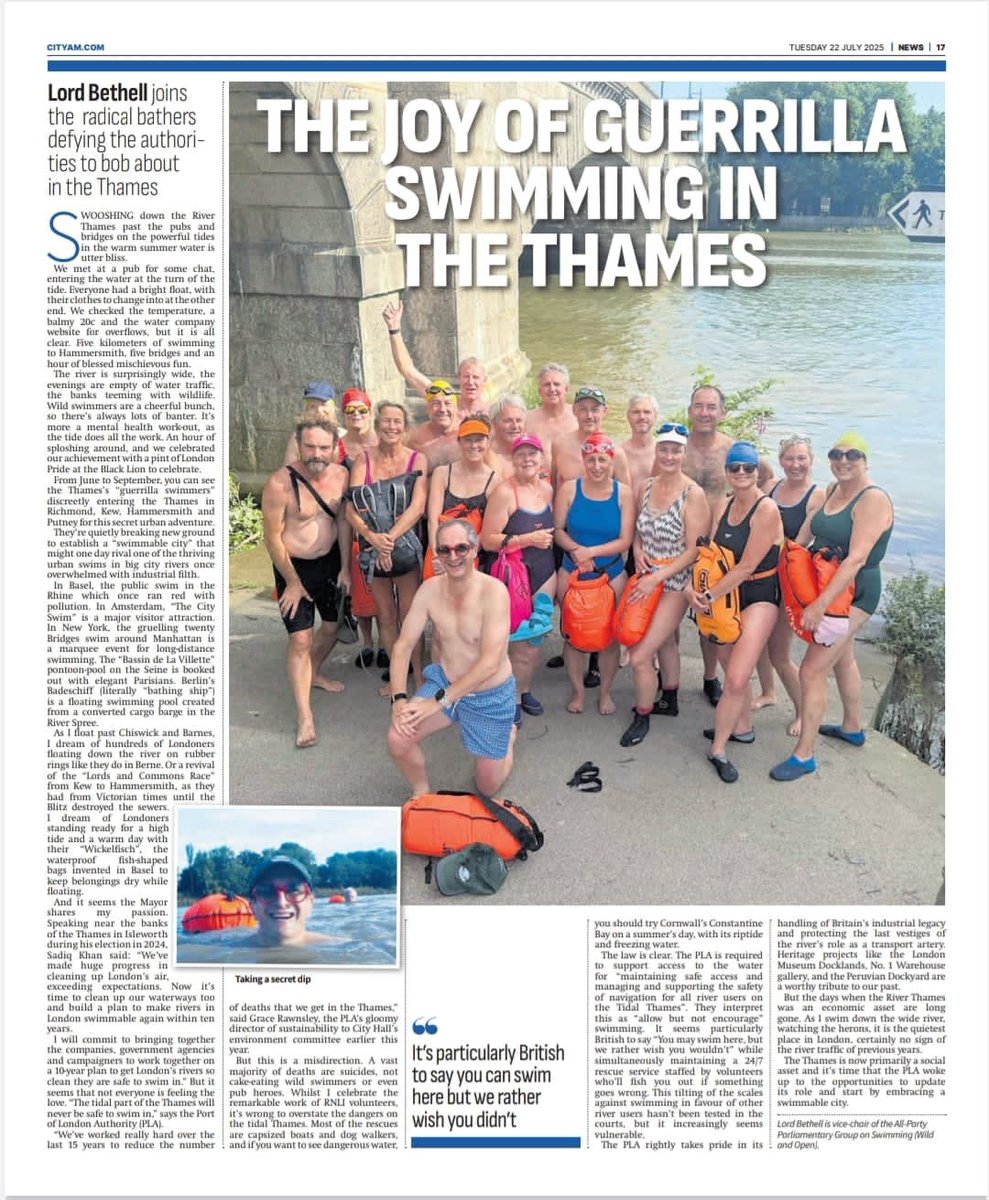 JimBethell's tweet image. Some coverage of our recent guerrilla swimming adventures in the tidal Thames (the picture is at Kew and we swam to Hammersmith).
It’s really the most joyous pastime you could image. Warm water, swooshing tide, teaming riverbanks, banter, good beer and a mischievous sense of…