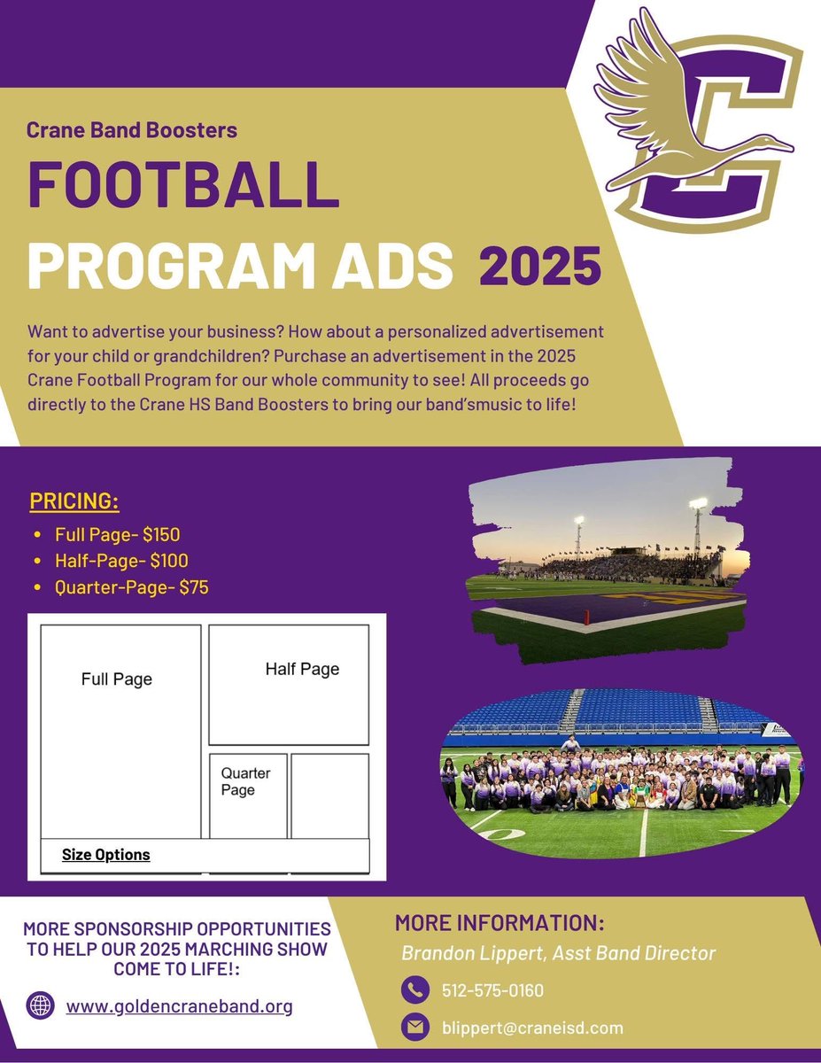 Golden Cranes Bands (@cranebands) on Twitter photo Calling all local businesses, proud parents, and Crane community members! π£
Support the Crane Band Boosters and advertise in the 2025 Football Program!
π‘ Full Page β $150
π£ Half Page β $100
π‘ Quarter Page β $75
π Contact Mr. Lippert at blippert@craneisd.com Calling all local businesses, proud parents, and Crane community members! π£
Support the Crane Band Boosters and advertise in the 2025 Football Program!
π‘ Full Page β $150
π£ Half Page β $100
π‘ Quarter Page β $75
π Contact Mr. Lippert at blippert@craneisd.com
