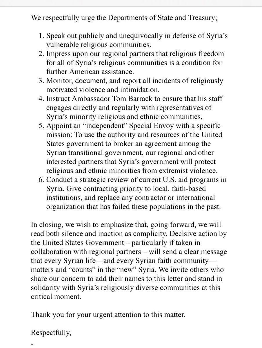 C19VaxInjured's tweet image. Here is an open letter to Secretary Rubio and Secretary Bessent re: urgent action to protect religious and ethnic minorities in Syria.
@SecRubio @SecScottBessent @IRF_Ambassador @USAMBTurkiye
@VP @RepJoeWilson @HouseForeignGOP @RepBrianMast