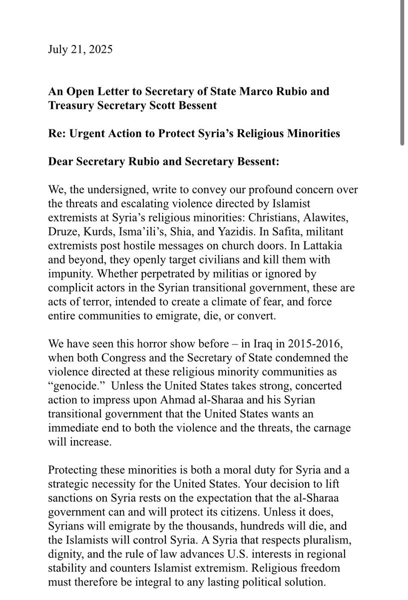 C19VaxInjured's tweet image. Here is an open letter to Secretary Rubio and Secretary Bessent re: urgent action to protect religious and ethnic minorities in Syria.
@SecRubio @SecScottBessent @IRF_Ambassador @USAMBTurkiye
@VP @RepJoeWilson @HouseForeignGOP @RepBrianMast