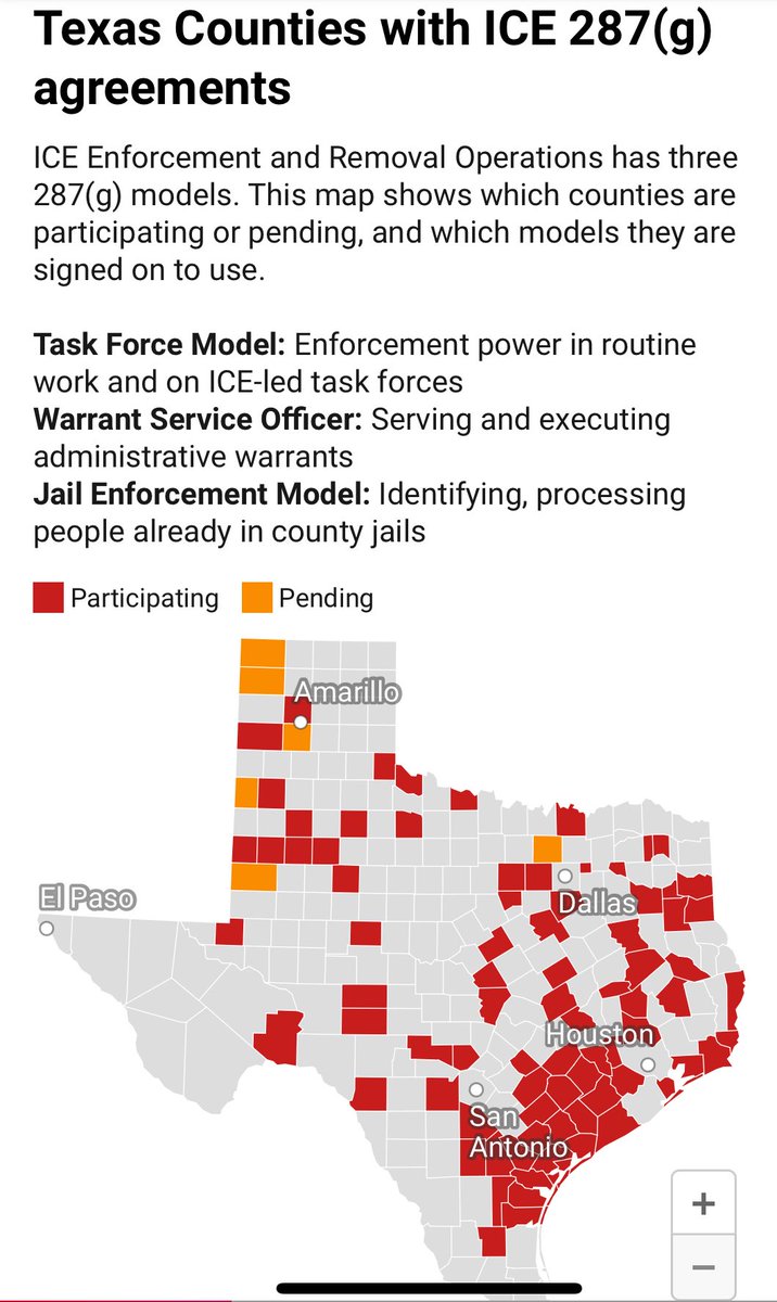 hernandoarce's tweet image. Texas: New state law that will force local counties that run or contract out operations of a jail to participate in ICE programs called 287(g), named for a section in the Illegal Immigration Reform and Immigrant Responsibility Act of 1996.
The program allows ICE to delegate some…
