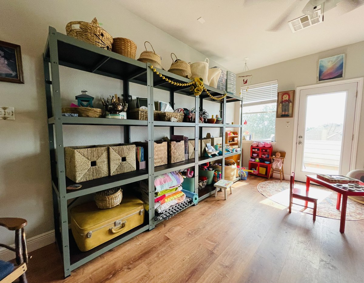 jamiesfocus's tweet image. Prepping for homeschooling kindergarten and prek. I stained the shelves on an IKEA Bror shelving unit. Worth every penny for the storage.