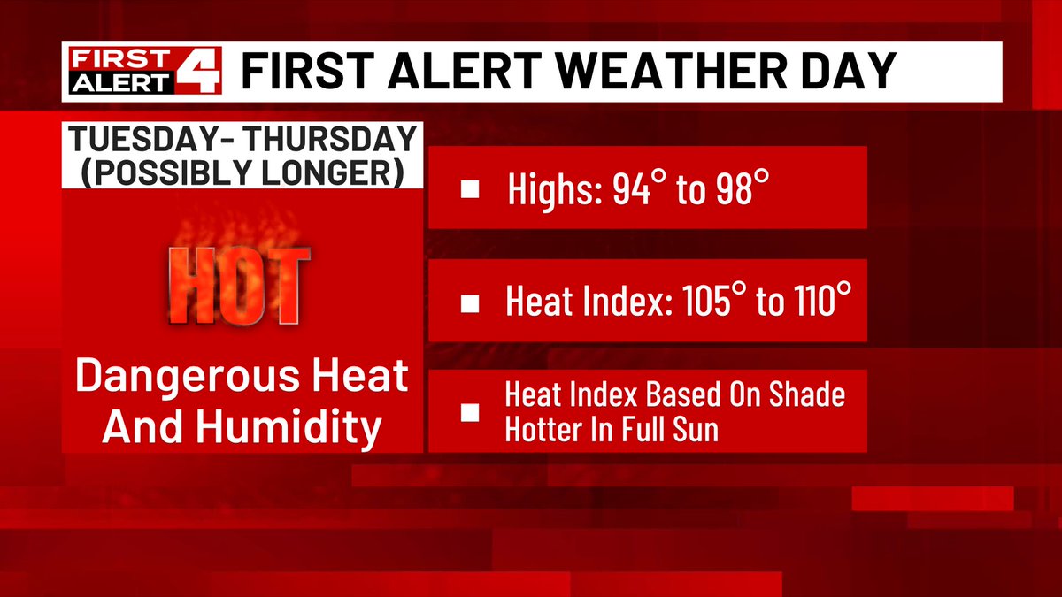 SteveTempleton's tweet image. While we got a break Monday from intense heat due to the early morning storms and then clouds, we will be dealing with intense heat and excessive (really excessive) humidity Tuesday-Thursday. Those are First Alert Weather Days due to the dangerous heat index of 105 to 110